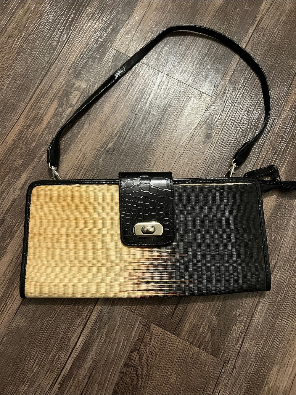 Two-Tone Black and Natural Woven Wristlet Clutch